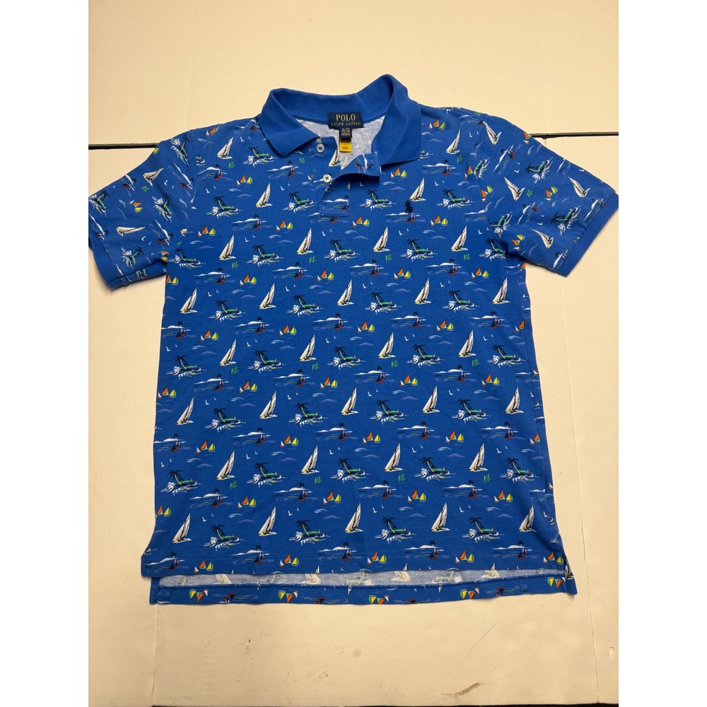 Polo Ralph Lauren Boys XL 18-20 Blue Sailboat Palm Tree Nautical Polo Shirt